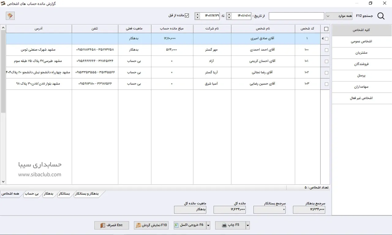 گزارش گردش حساب اشخاص