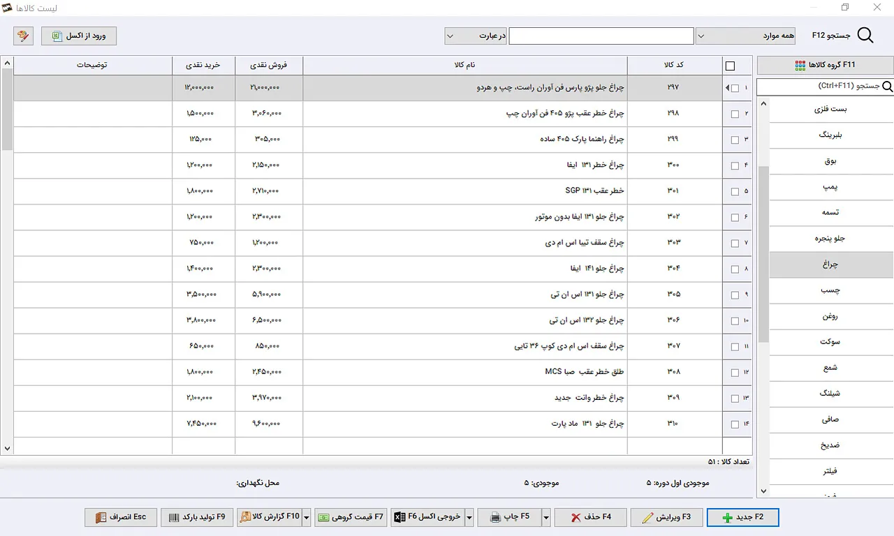 لیست کالا نرم افزار حسابداری لوازم یدکی سیبا