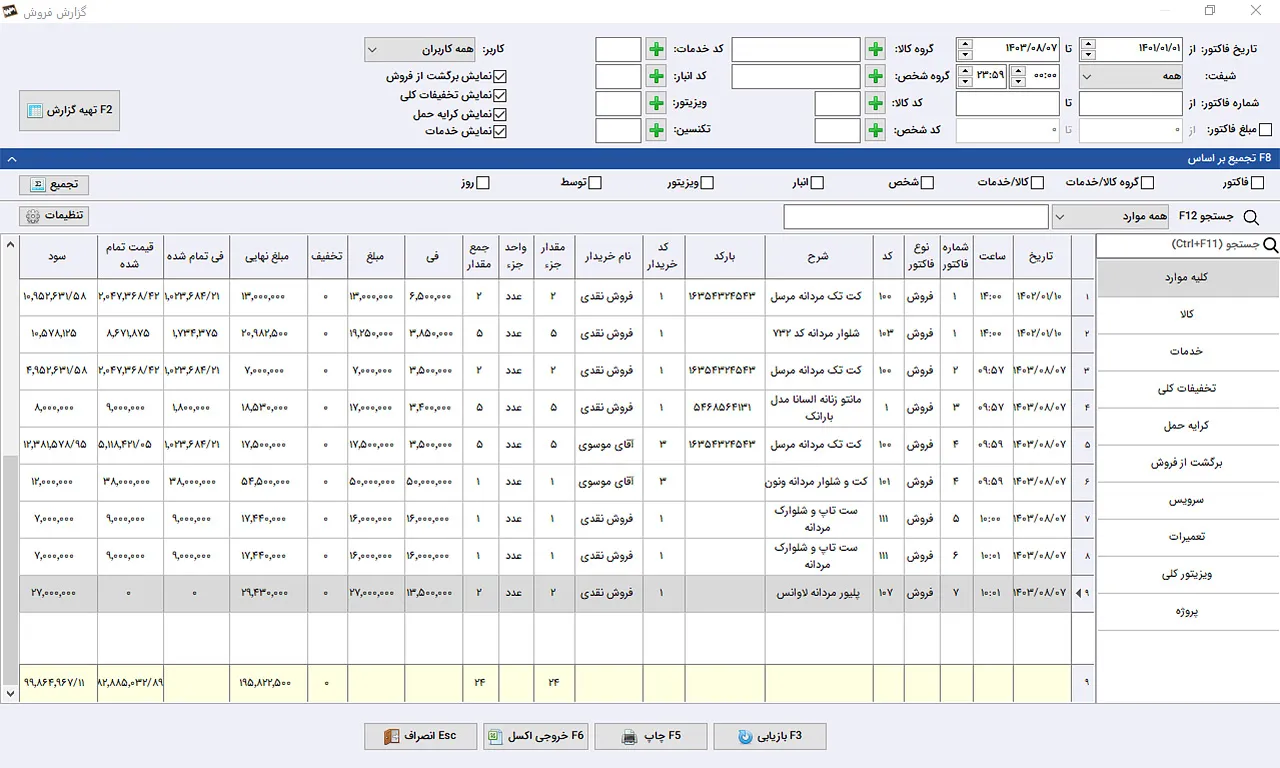 گزارش فروش نرم افزار حسابداری پوشاک سیبا