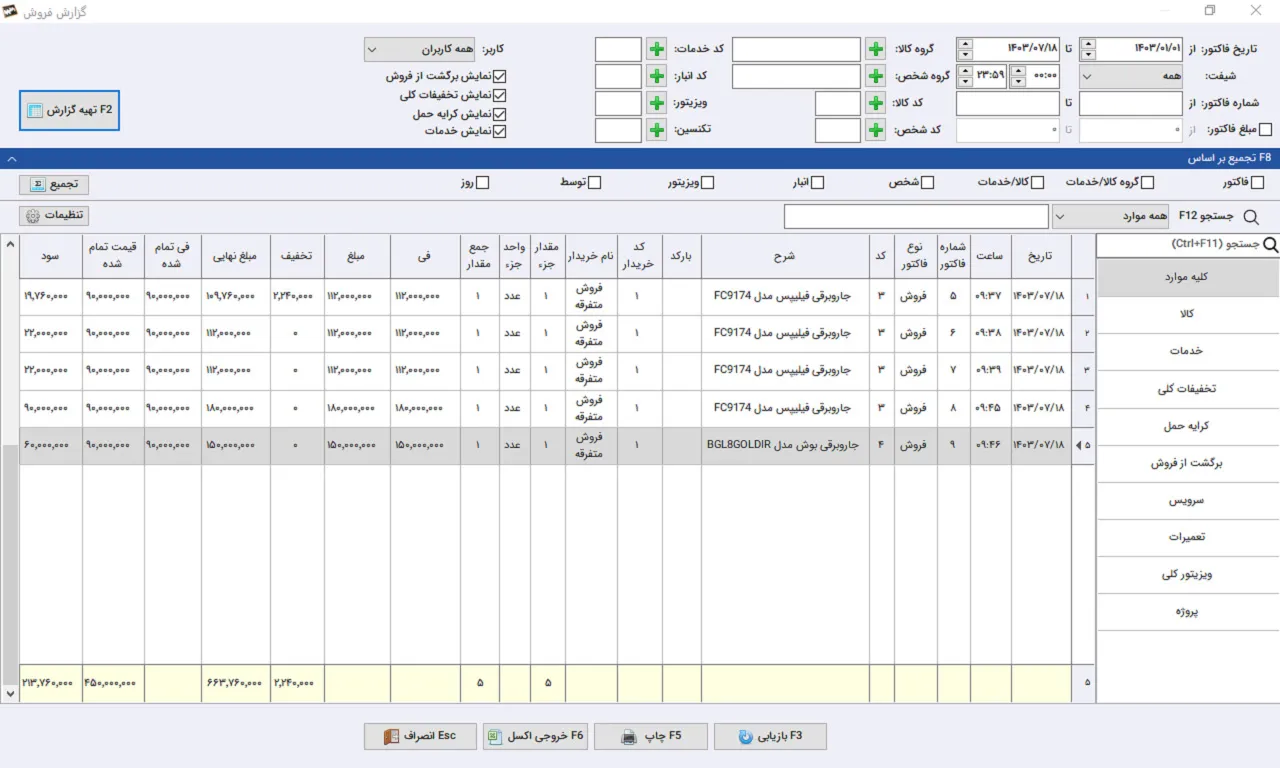 گزارش فروش نرم افزار حسابداری سیبا