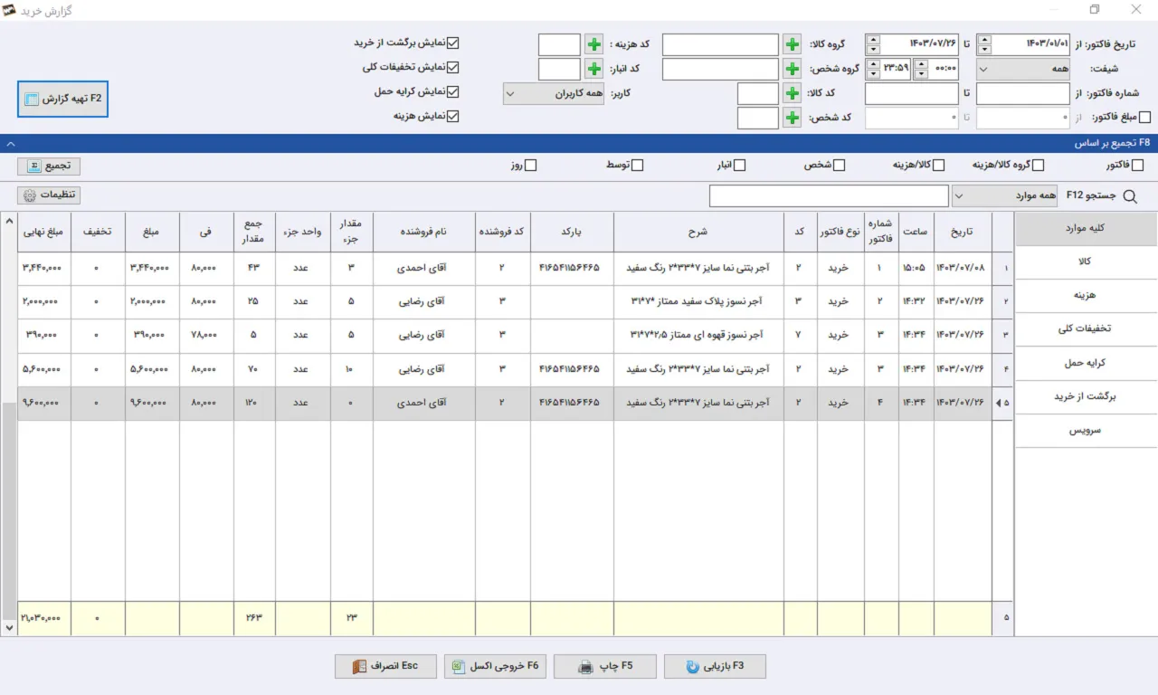 گزارش خرید نرم افزار حسابداری سیبا