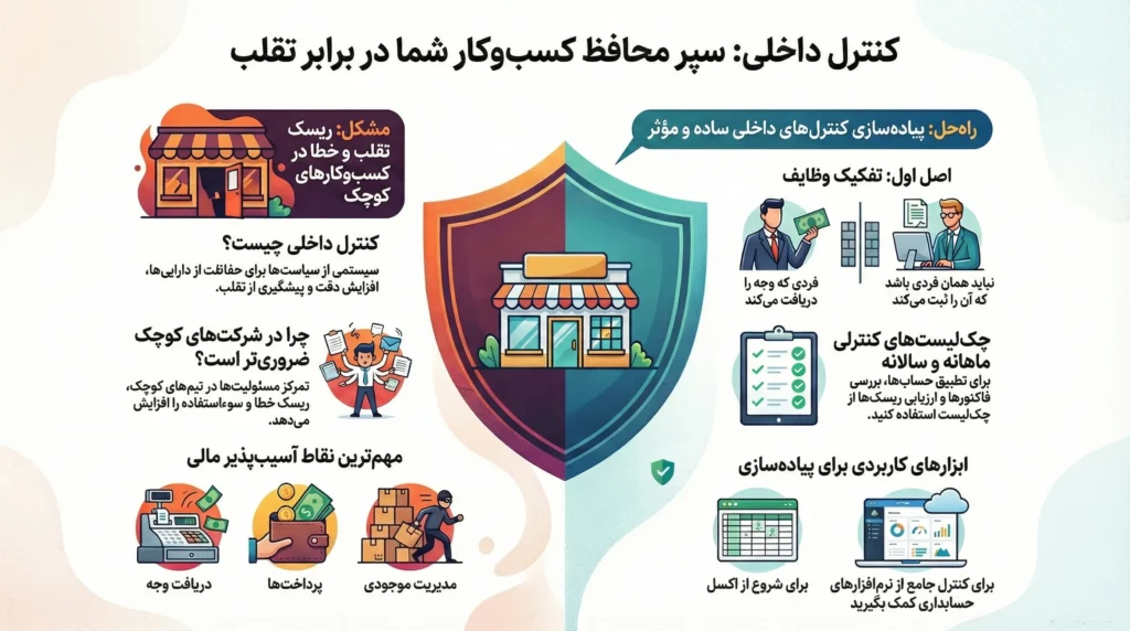 کنترل داخلی ساده و مؤثر برای شرکتهای کوچک؛ چکلیست کامل پیشگیری از تقلب + 7 نکته حیاتی 11 internal control small business checklist tools